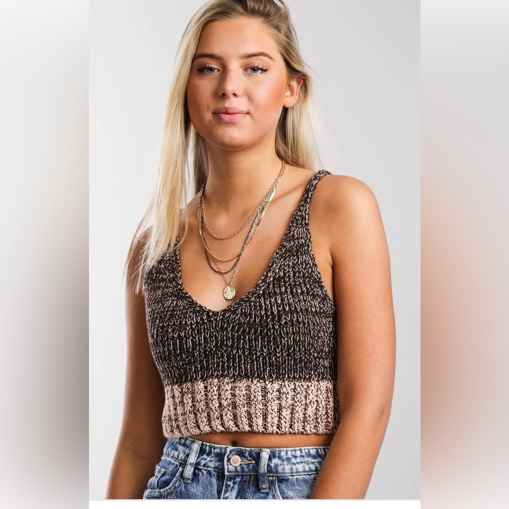 NWT Free People Brown and Cream Knit Tank Top (color: black coffee combo)